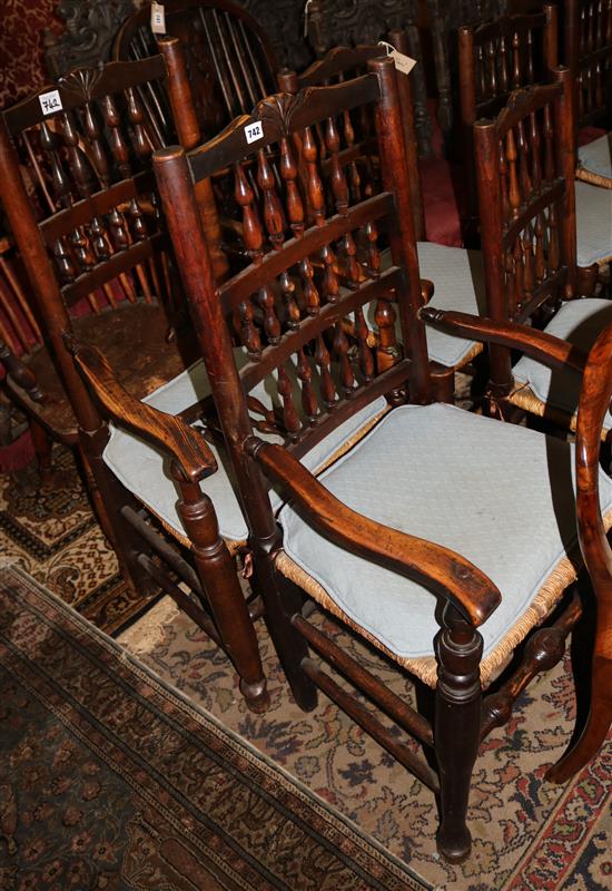 Matched set of eight ash spindle-back rush-seat dining chairs (two with arms)